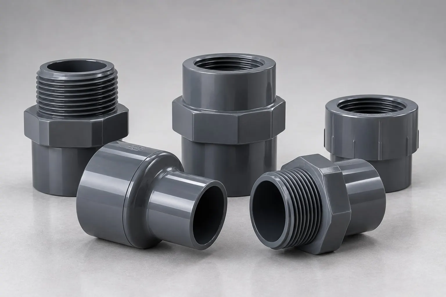 Adaptadores de PVC gris con rosca y extremos soldables
